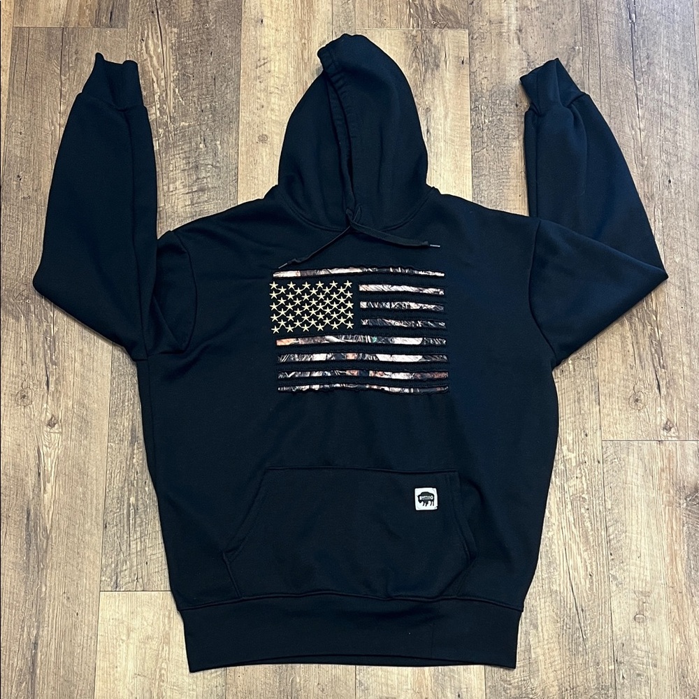 Buffalo 🦬 Outdoors Black Hoodie w/American Flag Camo Design & embroidered stars